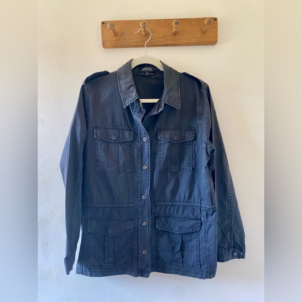 Black Button-Up Cotton Utility Jacket, Buffalo David Bottom, M